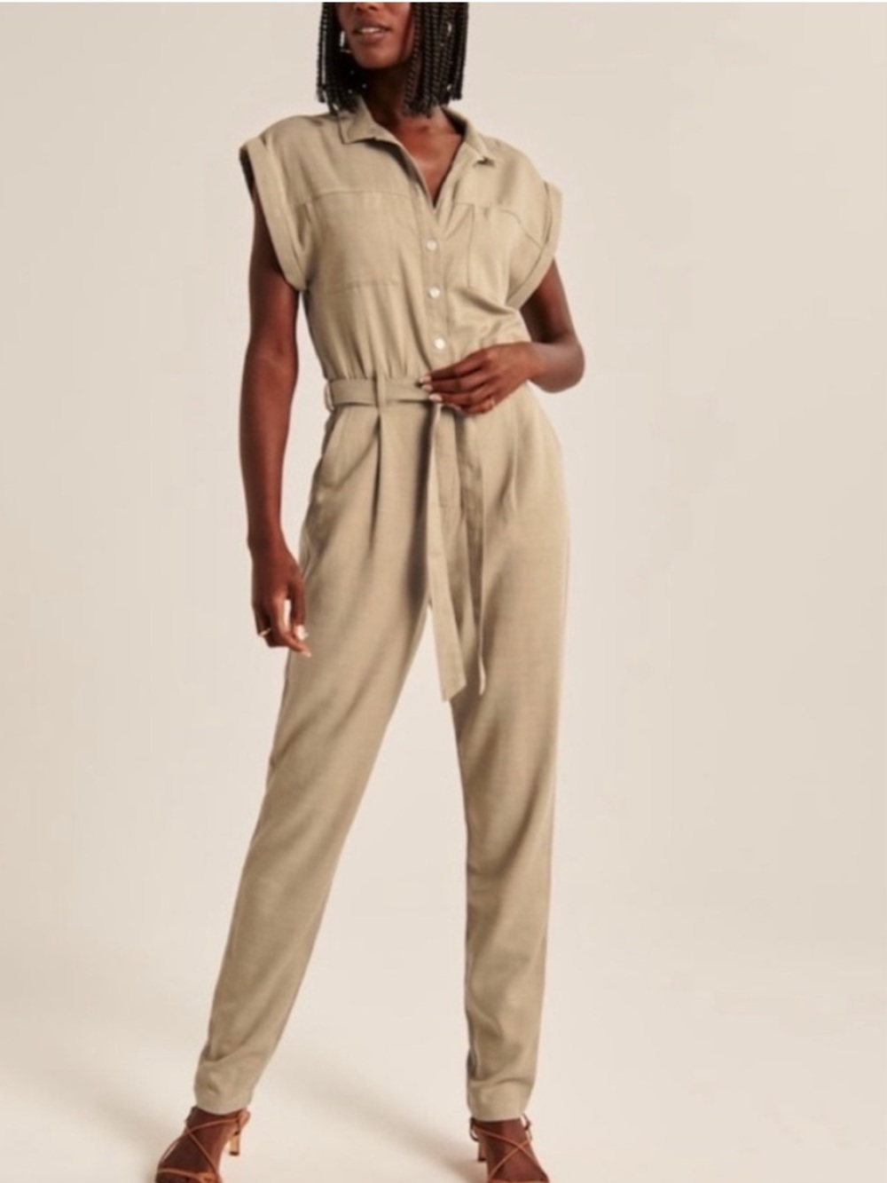 Abercrombie & Fitch tan neutral short sleeve button down tie waist jumpsuit!
